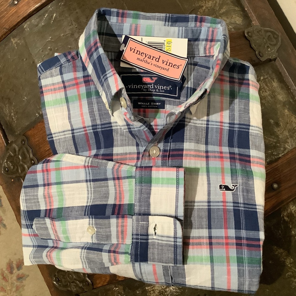 VINEYARD VINES Boys Whale Plaid Shirt Sz 12-14